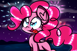 Size: 1800x1200 | Tagged: dead source, safe, artist:artypaints, pinkie pie, earth pony, pony, g4, female, fireworks, night, solo, tongue out