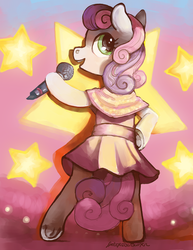 Size: 987x1280 | Tagged: safe, artist:spectralunicorn, sweetie belle, pony, g4, bipedal, clothes, dress, female, microphone, singing, solo, stars, underhoof