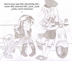 Size: 2951x2490 | Tagged: safe, artist:poseidonathenea, derpy hooves, sunset shimmer, human, pegasus, pony, equestria girls, g4, coin, high res, human and pony, human ponidox, mail, monochrome, pencil drawing, ponidox world, poor, reality ensues, scooter, self ponidox, traditional art