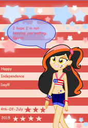 Size: 717x1049 | Tagged: safe, artist:breezemelody, artist:obeliskgirljohanny, oc, oc only, oc:marmalade meringue, equestria girls, g4, 4th of july, american independence day, bangles, base used, belly button, bracelet, clothes, ear piercing, earring, humanized, independence day, jewelry, makeup, midriff, nail polish, patriotic, piercing, solo, sports bra