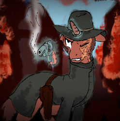 Size: 460x464 | Tagged: safe, artist:verbose, pony, clothes, gun, handgun, hat, jonah hex, male, ponified, quick draw, revolver, stallion, trenchcoat, weapon