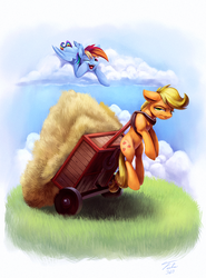 Size: 900x1218 | Tagged: safe, artist:tsitra360, applejack, rainbow dash, earth pony, pegasus, pony, applejack is not amused, cart, cloud, female, floppy ears, frown, harness, hay, laughing, mare, on a cloud, open mouth, prone, silly, silly pony, this will end in angry countryisms, unamused, who's a silly pony