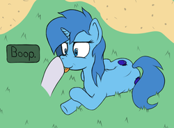 Size: 546x402 | Tagged: safe, artist:wellfugzee, oc, oc only, oc:meno, pony, pony town, blue eyes, blue hair, blue mane, boop, grass, solo, speech bubble, tongue out