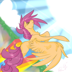 Size: 1280x1280 | Tagged: safe, artist:zakkurro, scootaloo, pegasus, pony, g4, eyes closed, female, missing cutie mark, older, rainbow waterfall, scootaloo can fly, solo, spread wings