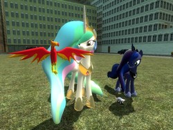 Size: 1024x768 | Tagged: safe, artist:sonic5421, philomena, princess celestia, princess luna, tiberius, phoenix, g4, 3d, gmod