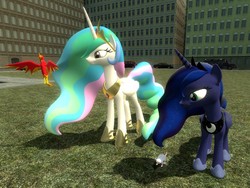 Size: 1024x768 | Tagged: safe, artist:sonic5421, philomena, princess celestia, princess luna, tiberius, phoenix, g4, 3d, gmod