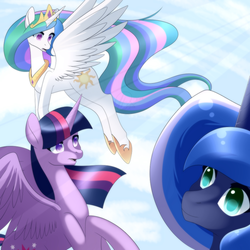 Size: 800x800 | Tagged: safe, artist:haydee, princess celestia, princess luna, twilight sparkle, alicorn, pony, g4, flying, twilight sparkle (alicorn)