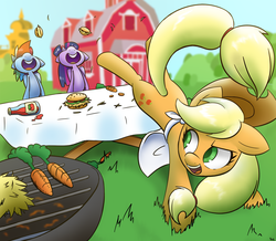 Size: 1626x1418 | Tagged: safe, artist:ikarooz, applejack, rainbow dash, twilight sparkle, alicorn, earth pony, pegasus, pony, g4, 4th of july, apron, barbeque, bucking, burger, carrot, clothes, cookout, food, grill, hay burger, herbivore, open mouth, sweet apple acres, table, twilight sparkle (alicorn)