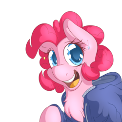 Size: 6000x6000 | Tagged: safe, artist:fluffyxai, pinkie pie, earth pony, pony, g4, absurd resolution, chest fluff, clothes, cute, diapinkes, ear piercing, earring, female, fluffy, hoodie, jewelry, looking at you, open mouth, piercing, raised hoof, simple background, smiling, solo, transparent background