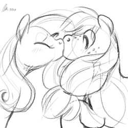 Size: 500x500 | Tagged: safe, artist:rwl, applejack, fluttershy, pony, g4, female, kissing, lesbian, mare, ship:appleshy, shipping