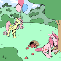 Size: 1280x1280 | Tagged: safe, artist:rwl, fluttershy, pinkie pie, g4, magical mystery cure, apple, apple tree, balloon, basket, comforting, crying, cutie mark swap, duo, food, pinkamena diane pie, sad, tree