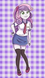 Size: 2007x3472 | Tagged: safe, artist:sumin6301, sweetie belle, equestria girls, g4, :3, clothes, cute, diasweetes, female, high res, mary janes, microskirt, miniskirt, necktie, shoes, skirt, socks, solo, thigh highs, thigh socks, tube skirt, zettai ryouiki