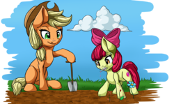 Size: 4465x2665 | Tagged: safe, artist:itresad, apple bloom, applejack, g4, cowboy hat, hat, high res, hoof hold, mouth hold, shovel, siblings, simple background, sisters, smiling, stetson, test tube, the cmc's cutie marks, transparent background