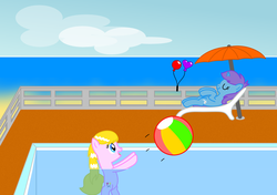 Size: 3317x2340 | Tagged: safe, artist:bladedragoon7575, oc, oc only, oc:lola balloon, oc:sleepy zee, beach ball, cute, high res, swimming pool, umbrella, water