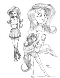 Size: 1100x1414 | Tagged: safe, artist:baron engel, fluttershy, equestria girls, g4, barefoot, barrette, boots, breasts, clothes, cute, eared humanization, feet, female, monochrome, musical instrument, pencil drawing, ponied up, shorts, shyabetes, sketch, skirt, solo, tailed humanization, tambourine, tank top, traditional art, winged humanization