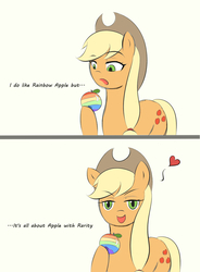 Size: 948x1290 | Tagged: safe, artist:yuwentaiji, applejack, rarity, g4, apple, food, offscreen rarijack, ship:rarijack, shipping, zap apple