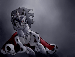 Size: 2940x2262 | Tagged: safe, artist:remains, king sombra, pony, unicorn, g4, depressed, high res, looking down, male, one eye closed, sitting, skull, solo