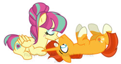 Size: 1573x829 | Tagged: safe, artist:flurrypastels-mlp, sour sweet, sunburst, pegasus, pony, unicorn, equestria girls, g4, boop, equestria girls ponified, female, freckles, frown, kissing, male, mare, noseboop, nuzzling, on back, ponified, prone, shipping, simple background, sourburst, stallion, straight, transparent background, wide eyes