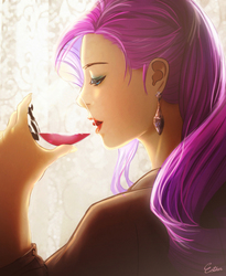 Size: 500x610 | Tagged: safe, artist:esther-shen, rarity, human, g4, alcohol, drinking, ear piercing, earring, eyeshadow, female, humanized, jewelry, lipstick, makeup, piercing, pink hair, solo, wine