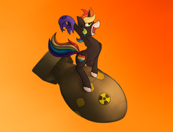 Size: 2555x1957 | Tagged: safe, artist:marsminer, oc, oc only, oc:rainbow heart, atomic bomb, dr. strangelove, nuclear weapon, riding a bomb, weapon