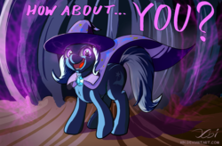 Size: 2041x1339 | Tagged: safe, artist:xbi, trixie, pony, unicorn, g4, adoracreepy, cape, clothes, creepy, cute, female, glowing eyes, grin, hat, looking at you, majestic, mare, open mouth, smiling, solo, stage, trixie's cape, trixie's hat