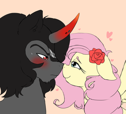 Size: 816x741 | Tagged: safe, artist:sweetbream, fluttershy, king sombra, g4, blushing, crack shipping, female, flower, heart, male, nuzzling, ship:sombrashy, shipping, straight