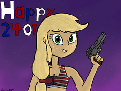 Size: 1024x768 | Tagged: safe, artist:sunnyblam, applejack, human, g4, 1911, 4th of july, american flag, american independence day, amerijack, clothes, flag bikini, gun, humanized, independence day, murica, sports bra, weapon