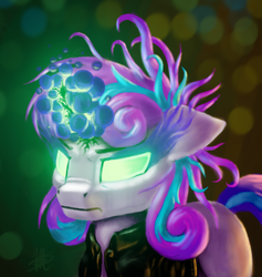 Size: 962x1016 | Tagged: safe, artist:piercing-sight, artist:piercingsight, princess flurry heart, alicorn, pony, g4, clothes, corrupted, dark magic, evil, evil flurry heart, female, jacket, leather jacket, magic, possessed, solo, sombra eyes