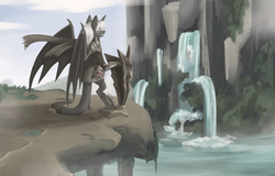 Size: 2200x1407 | Tagged: safe, artist:lonerdemiurge_nail, oc, oc only, dragon, anthro, anthro oc, armor, chainmail, cliff, clothes, horn, scarf, shield, solo, waterfall, weapon, wings