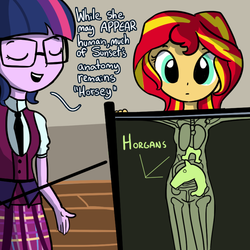 Size: 792x792 | Tagged: safe, artist:tjpones, sci-twi, sunset shimmer, twilight sparkle, horse, equestria girls, g4, anatomically incorrect, anatomy, clothes, crystal prep academy uniform, cute, duo, eyes closed, female, fluoroscope, glasses, horgans, humans doing horse things, open mouth, organs, pun, school uniform, science, shimmerbetes, smiling, t pose, twiabetes, wat, x-ray, x-ray picture