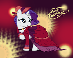 Size: 2000x1600 | Tagged: safe, artist:smooth-criminal-13, merry, rarity, pony, unicorn, a hearth's warming tail, g4, abstract background, choker, clothes, dress, female, hat, lidded eyes, raised hoof, smiling, solo