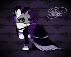Size: 2000x1600 | Tagged: safe, alternate version, artist:smooth-criminal-13, merry, rarity, pony, unicorn, a hearth's warming tail, g4, abstract background, alternate clothes, choker, clothes, dress, female, goth, gothic, gothity, hat, lidded eyes, mascara, raised hoof, recolor, smiling, solo, veil