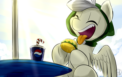 Size: 1700x1080 | Tagged: safe, artist:phuocthiencreation, oc, oc only, pegasus, pony, burger, eating, eyes closed, food, hamburger, happy, pepsi, soda, solo, spread wings, straw, table, tongue out, underhoof, wings