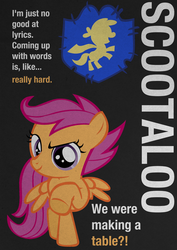 Size: 2480x3508 | Tagged: safe, artist:skeptic-mousey, scootaloo, g4, female, filly, foal, looking at you, pointing at you, poster, quote, smiling, smiling at you, solo, typography