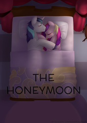 Size: 2480x3508 | Tagged: safe, artist:oouichi, princess cadance, shining armor, comic:the honeymoon, g4, bed, bedroom, candlelight, comic, comic cover, cuddling, female, high res, male, ship:shiningcadance, shipping, snuggling, straight