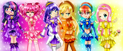 Size: 3800x1600 | Tagged: safe, artist:seizure-salads, applejack, fluttershy, pinkie pie, rainbow dash, rarity, twilight sparkle, human, g4, belly button, clothes, dress, female, humanized, midriff, precure, pretty cure, skirt