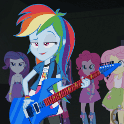Size: 528x531 | Tagged: safe, screencap, fluttershy, pinkie pie, rainbow dash, rarity, equestria girls, g4, my little pony equestria girls: rainbow rocks, animated, balloon, boots, bracelet, clothes, cropped, electric guitar, female, guitar, high heel boots, jewelry, musical instrument, rainbow sass, skirt, tambourine