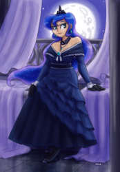 Size: 889x1280 | Tagged: safe, artist:king-kakapo, princess luna, human, g4, beautiful, bedroom eyes, clothes, curtains, dress, female, frilly dress, gloves, high heels, humanized, jewelry, looking at you, moon, multiple variants, necklace, night, sitting, smiling, solo, tiara, window