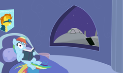 Size: 734x441 | Tagged: safe, artist:totallynotabronyfim, rainbow dash, g4, bedroom, book, f-14 tomcat, female, jet, plane, poster, pun, solo, soon, visual pun, window