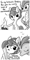 Size: 560x1110 | Tagged: safe, artist:tjpones, oc, oc only, oc:brownie bun, oc:dragon wife, dragon, earth pony, pony, horse wife, comic, dialogue, dragoness, duo, environmental damage, eyes closed, female, fire, freckles, grayscale, mare, monochrome, nodding, nodding knowingly, open mouth, simple background, slice of life, social commentary, truth, white background