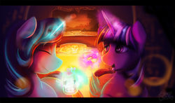 Size: 1171x688 | Tagged: safe, artist:tangomangoes, starlight glimmer, twilight sparkle, alicorn, pony, g4, magic, twilight sparkle (alicorn)