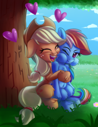 Size: 2324x3000 | Tagged: safe, artist:discorded, applejack, rainbow dash, earth pony, pegasus, pony, g4, applejack's hat, chest fluff, cowboy hat, cute, duo, duo female, eyebrows, eyes closed, female, floppy ears, fluffy, freckles, grass, hat, heart, high res, hug, hug from behind, lesbian, mare, one eye closed, outdoors, puffy cheeks, ship:appledash, shipping, sitting, tail, tree, under the tree, unshorn fetlocks