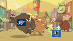 Size: 1280x720 | Tagged: safe, edit, edited screencap, screencap, peachy sweet, g4, over a barrel, apple family member, basketball, dallas mavericks, meme, nba, oklahoma city thunder