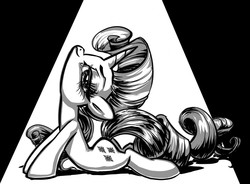 Size: 1280x942 | Tagged: safe, artist:kabukihomewood, rarity, g4, backbend, black and white, cobra stretch, flexible, grayscale, monochrome, solo