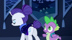 Size: 1100x618 | Tagged: safe, screencap, rarity, spike, pony, unicorn, g4, the cutie re-mark, alternate timeline, butt, duo, female, flank, male, mare, night maid rarity, night maid rearity, nightmare takeover timeline, plot, rearity