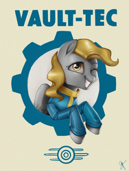 Size: 900x1200 | Tagged: safe, artist:supermare, derpy hooves, pegasus, pony, fallout equestria, g4, clothes, crossover, fallout 4, female, grin, mare, one eye closed, smiling, solo, vault boy, wink