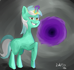 Size: 3600x3400 | Tagged: safe, artist:passigcamel, lyra heartstrings, g4, dark magic, evil smile, female, grin, high res, looking at you, magic, missing cutie mark, portal, raised hoof, smiling, smug, solo