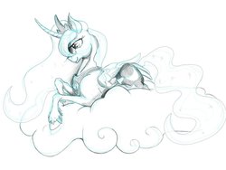 Size: 1023x768 | Tagged: safe, artist:firimil, princess luna, g4, cloud, curved horn, female, horn, monochrome, prone, simple background, solo, unshorn fetlocks