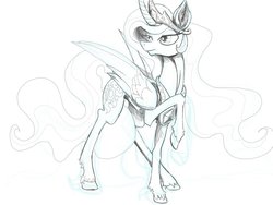 Size: 1023x768 | Tagged: safe, artist:firimil, princess celestia, g4, female, monochrome, raised hoof, simple background, solo, unshorn fetlocks