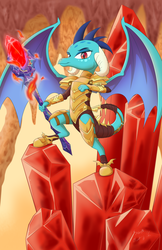 Size: 1024x1583 | Tagged: safe, artist:sycotei-b, princess ember, dragon, g4, gauntlet of fire, bloodstone scepter, cave, crystal, dragon lord ember, dragoness, female, looking at you, queen, signature, smiling, solo